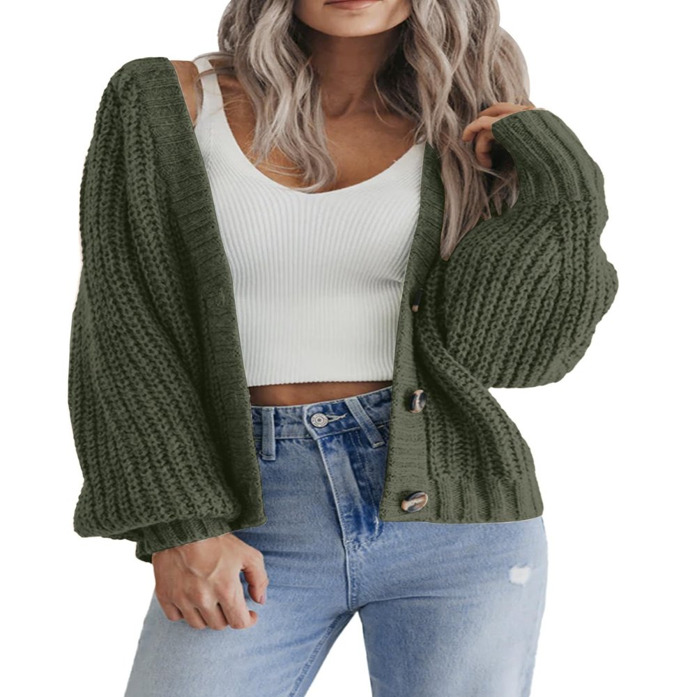 Zeagoo Cropped Cardigans for Women Chunky Knit Long Sleeve Open Front Cardigan V Neck Button Sweaters Army Green