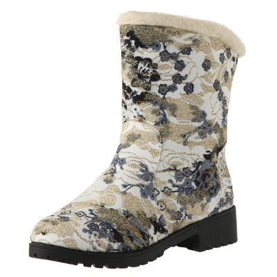Dsisskai Womens Warm Fur Lined Winter Snow Boots Fashion Printed Slip On Mid Calf Boots for Women Lightweight Comfortable Non Slip Outdoor Boots (Beige-4, 6.5)
