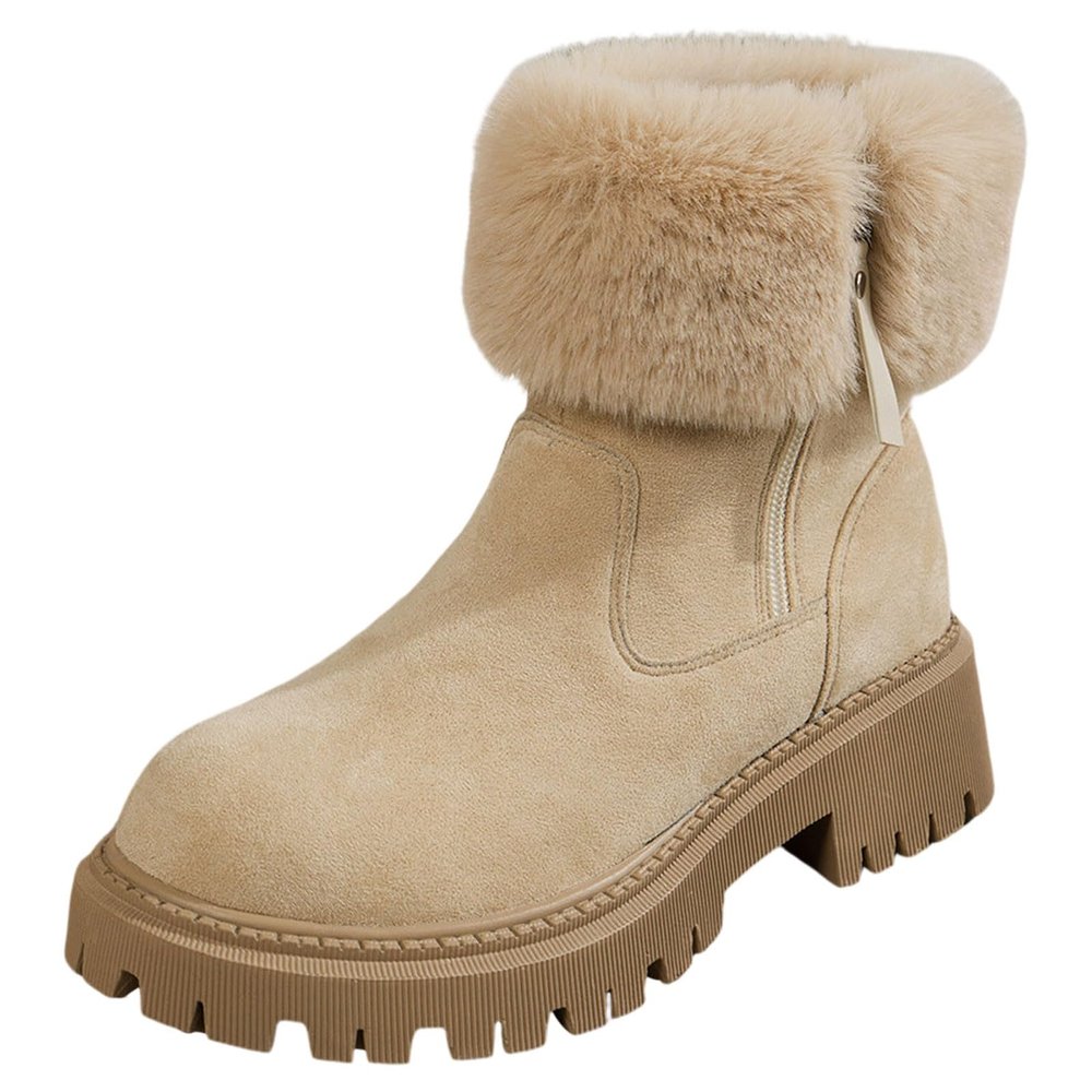 Dsisskai Winter Boots for Women Comfortable Faux Fur Lined Warm Anti-Slip Snow Ankle Boots Side Zip Platform Lug Sole Suede Warm Outdoor Shoes (Beige, 8.5)