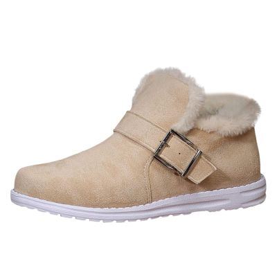 Dsisskai Winter Snow Booties Warm Durable Shoes Comfortable Fashion Fur Lining Flat Ankle Boots Belt Buckle Non-Slip Walking Shoes Thick Plush Shoes for Women (White, 7)
