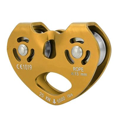 JEOZBM Zip Line Pulley, 25KN Aluminium Alloy Speed Double Pulley, Heavy Duty Climbing Pulleys Trolley Pulley, Safety Equipment for Hauling Rigging (10cm-Gold)