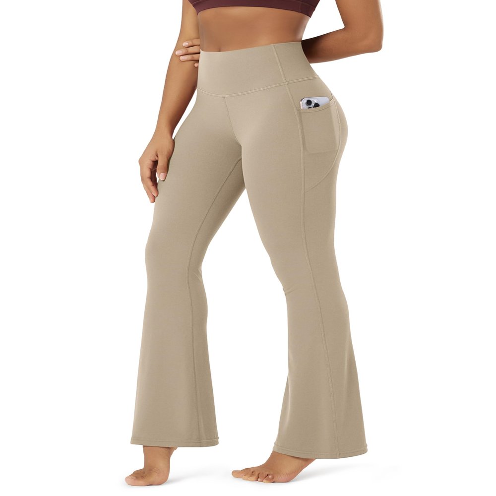 ODODOS Cloud Feeling Flared Pants with Pocket for Women High Waist Casual Bootcut Yoga Pants, 30" Inseam, Shaker Beige, X-Large