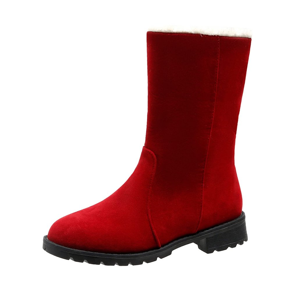 Dsisskai Womens Winter Snow Boots with Warm Lining Fashion Comfortable Chunky Block Heel Suede Mid Calf Boots Lightweight Non Slip Slip On Boots (Red, 7.5)