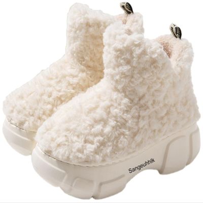 Women's Plush Platform Boots Simple Fluffy Warm Fleece High Top Winter Snow Boots with Arch Support EVA Sole Indoor Outdoor Fabric Flat Slippers(White,5-5.5)