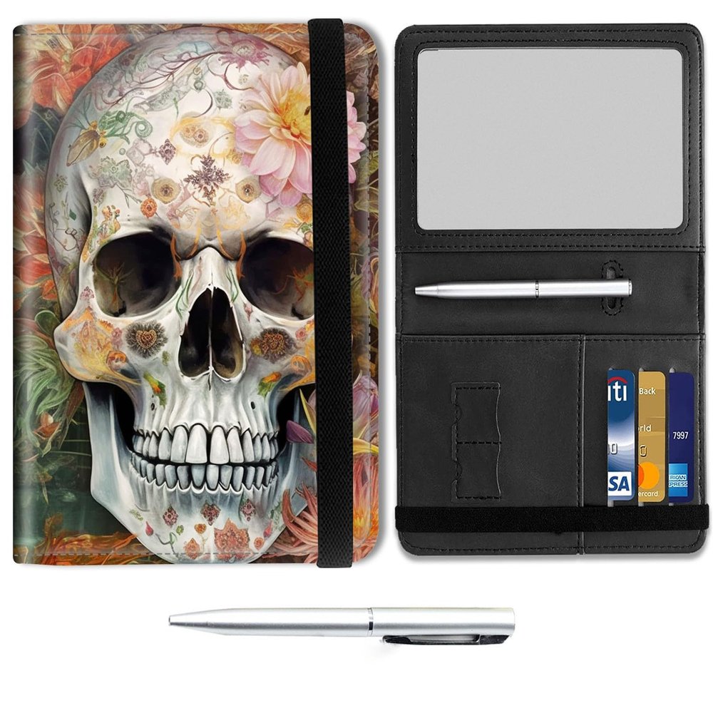 Mxfdegf Passport and Wallet Combo, with RFID Blocking,Leather Travel Documents Organizer Protector, Passport Cover, Passport Case, Passport Holder for Women and Men,Skull Floral