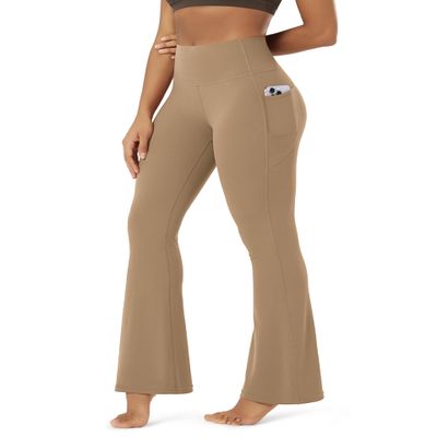 ODODOS Cloud Feeling Flared Pants with Pocket for Women High Waist Casual Bootcut Yoga Pants, 32" Inseam, Light Brown, X-Large