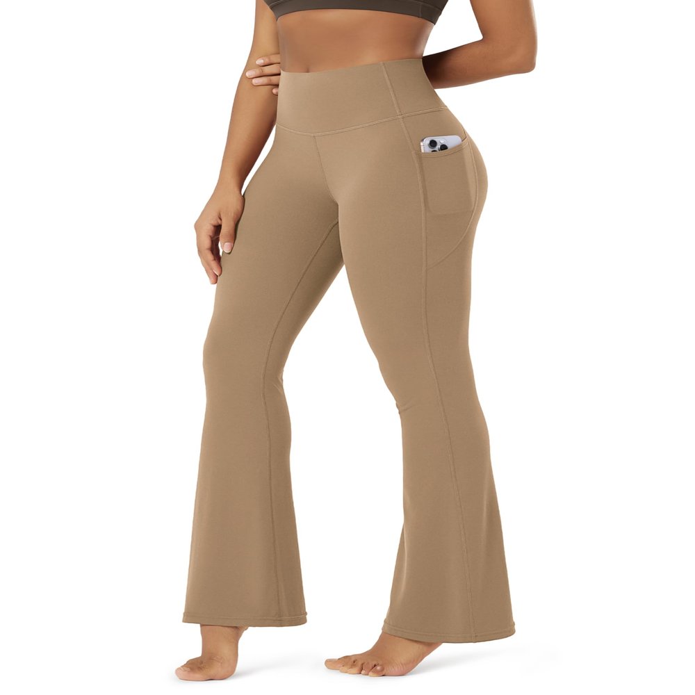 ODODOS Cloud Feeling Flared Pants with Pocket for Women High Waist Casual Bootcut Yoga Pants, 32" Inseam, Light Brown, X-Large