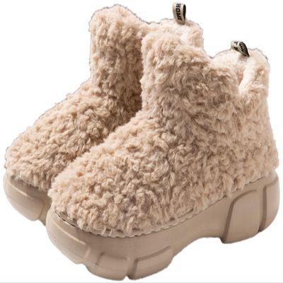 Women's Plush Platform Boots Simple Fluffy Warm Fleece High Top Winter Snow Boots with Arch Support EVA Sole Indoor Outdoor Fabric Flat Slippers(Brown,6-6.5)