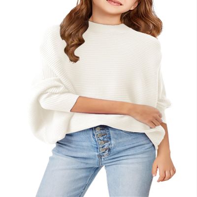 Girls Oversized Sweater Kids Fashion Batwing Sleeve Ribbed Knit Pullover Tops 5-14 Years White