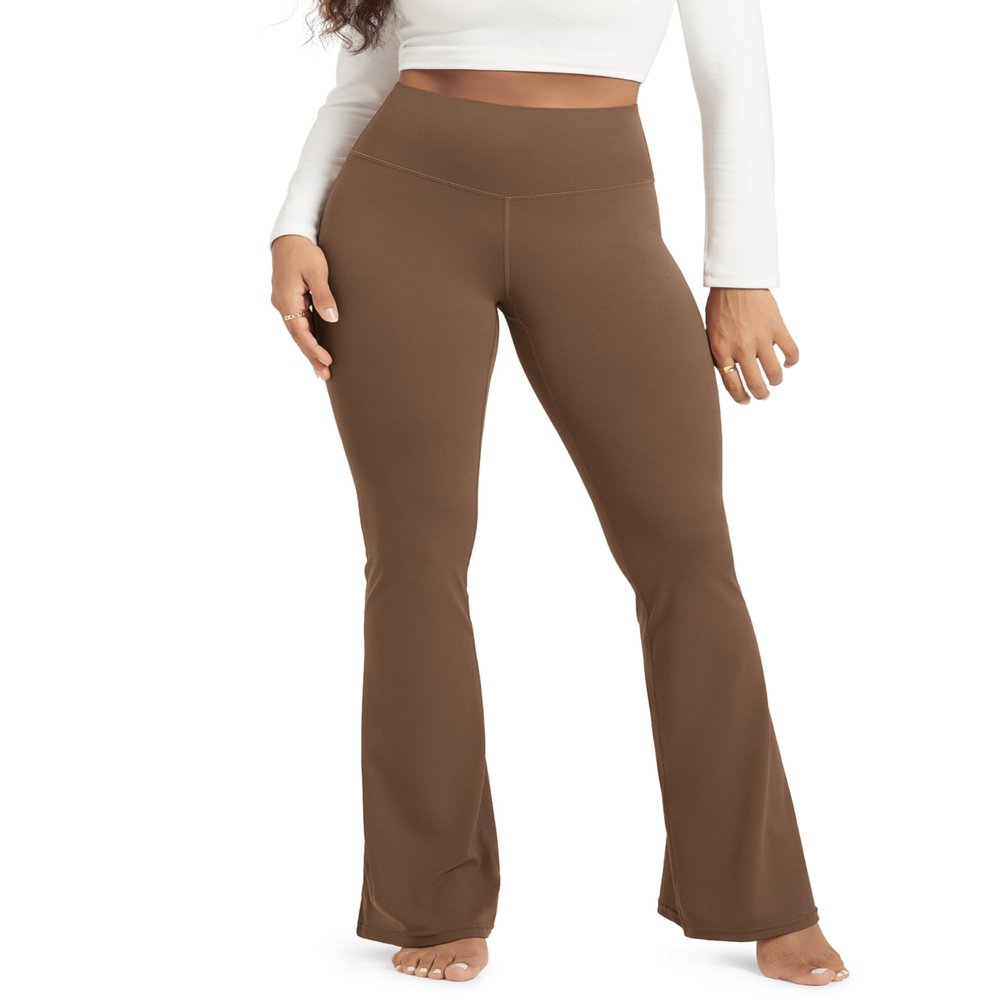ODODOS Cloud Feeling Flared Yoga Pants with Back Pocket for Women, High Waist Casual Bootleg Lounge Pants, 30" Inseam, Brunette, X-Large