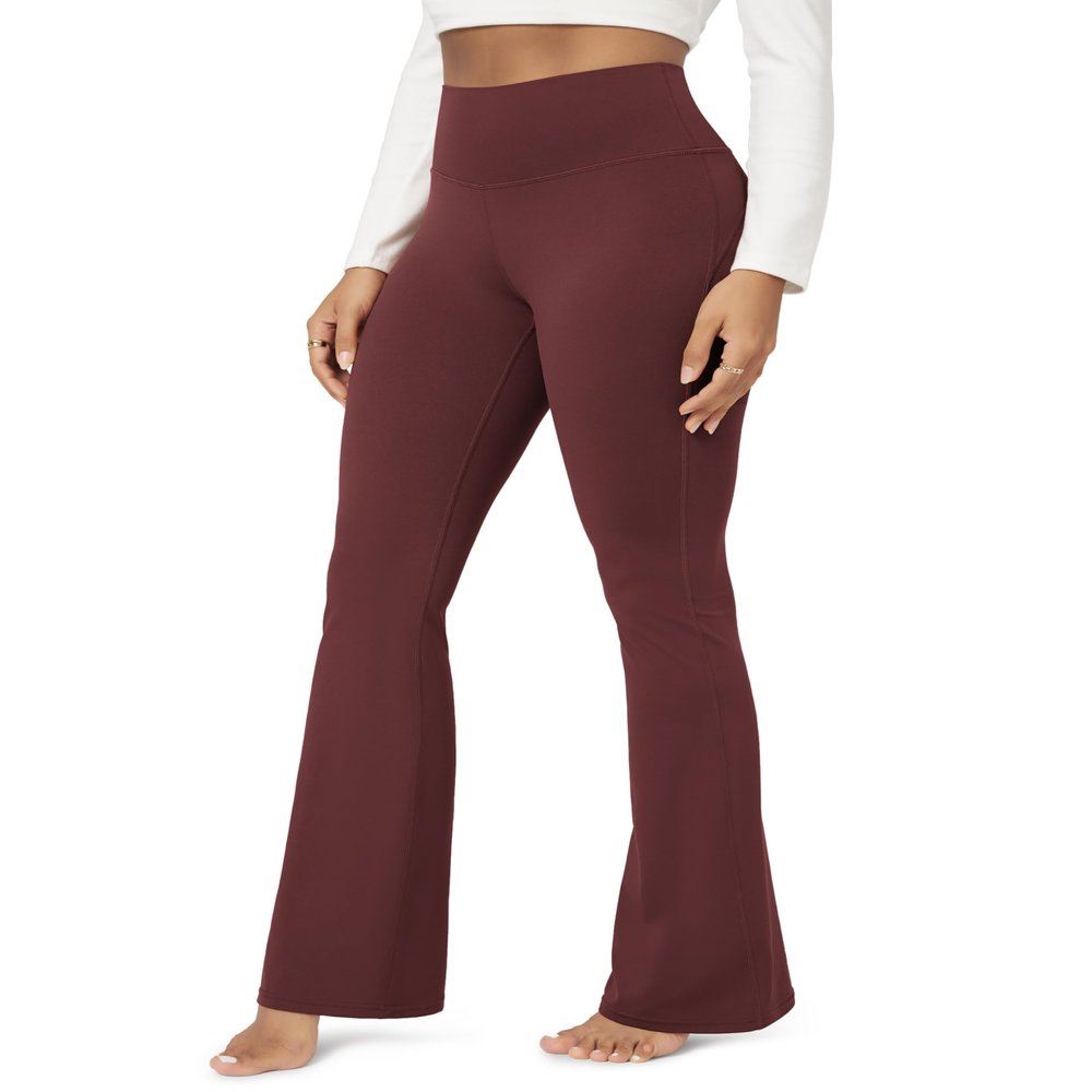 ODODOS Cloud Feeling Flared Yoga Pants with Back Pocket for Women, High Waist Casual Bootleg Lounge Pants, 32" Inseam, Burgundy, Medium