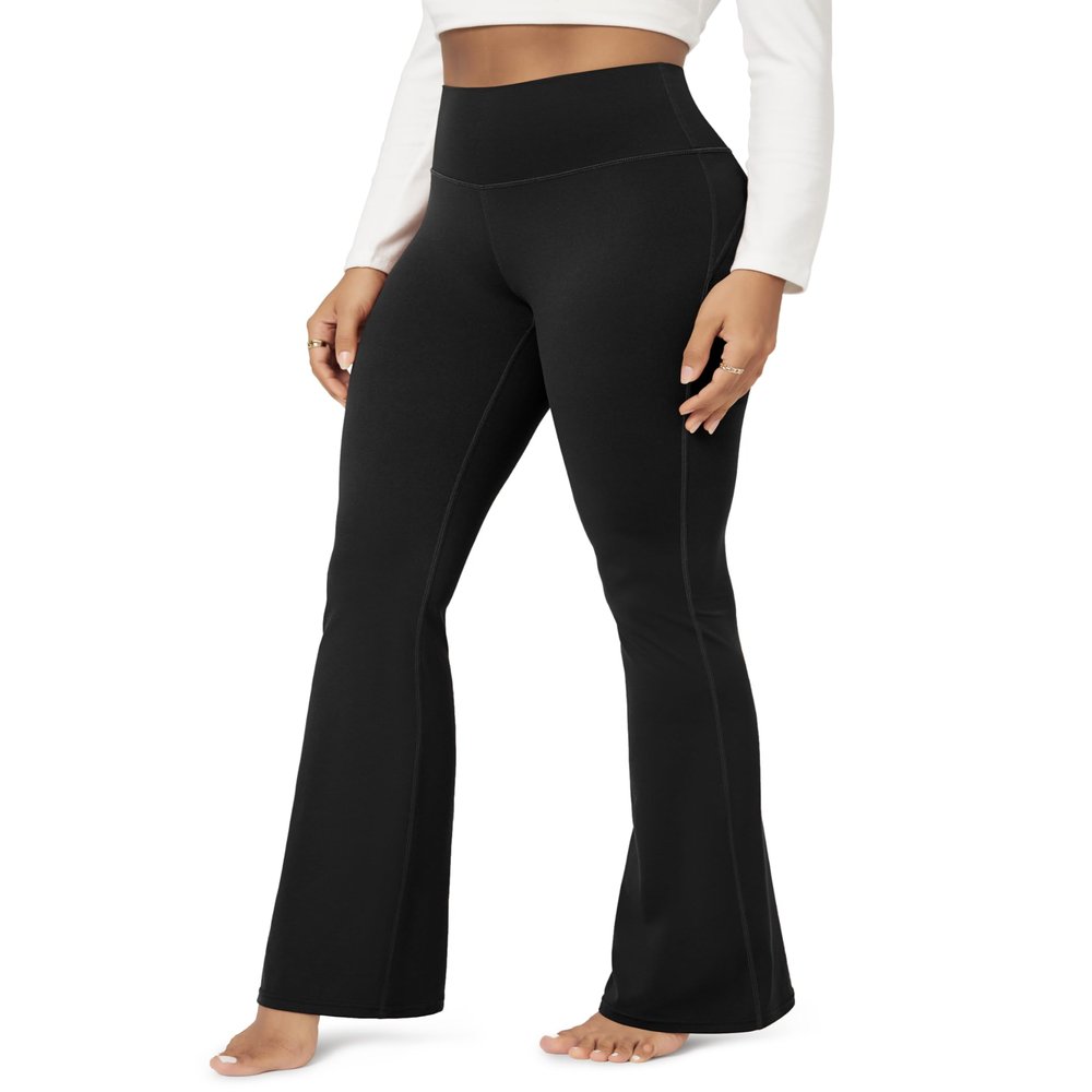 ODODOS Cloud Feeling Flared Yoga Pants with Back Pocket for Women, High Waist Casual Bootleg Lounge Pants, 32" Inseam, Black, Medium