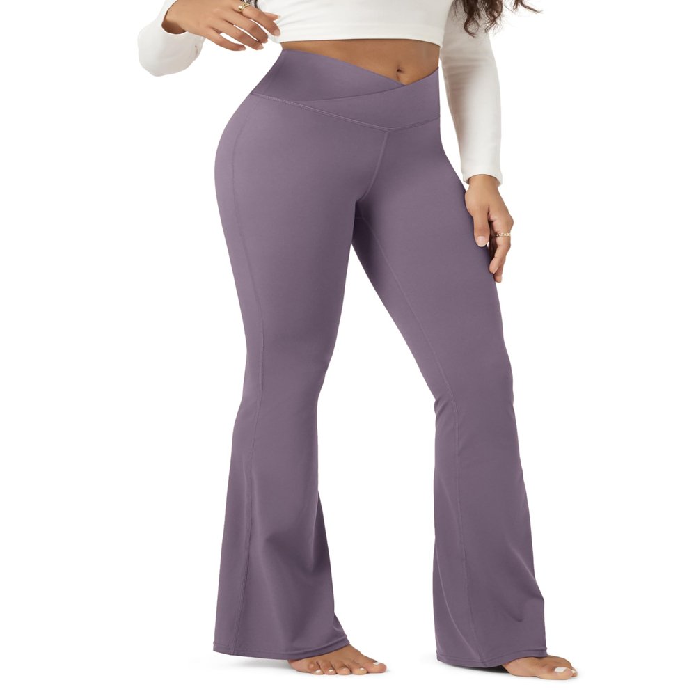 ODODOS Women's Crossover Flared Yoga Pants Cloud Feeling Soft High Waist Bootcut Leggings with Back Pocket - 32" Inseam, Ash Violet, X-Large