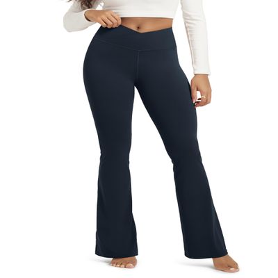 ODODOS Women's Crossover Flared Yoga Pants Cloud Feeling Soft High Waist Bootcut Leggings with Back Pocket - 30" Inseam, Deep Navy, Small