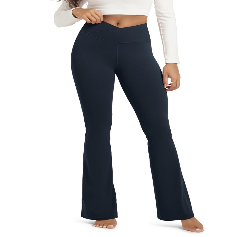 ODODOS Women's Crossover Flared Yoga Pants Cloud Feeling Soft High Waist Bootcut Leggings with Back Pocket - 30" Inseam, Deep Navy, Small