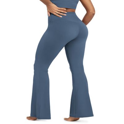ODODOS Women's Crossover Flared Yoga Pants Cloud Feeling Soft High Waist Bootcut Leggings with Back Pocket - 32" Inseam, Ink Blue, Large