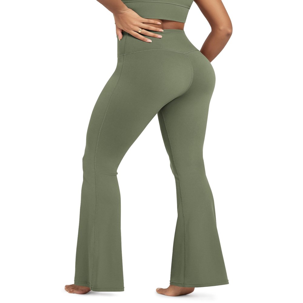 ODODOS Women's Crossover Flared Yoga Pants Cloud Feeling Soft High Waist Bootcut Leggings with Back Pocket - 30" Inseam, Dark Olive, Large