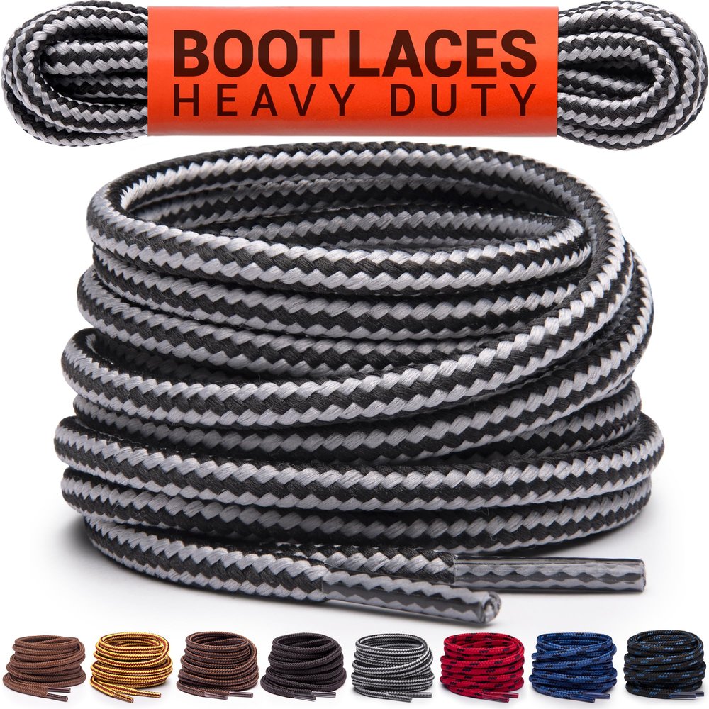 Miscly Round Boot Laces [1 Pair] Heavy Duty and Durable Shoelaces for Boots, Work Boots & Hiking Shoes (Grey/Black, 63 inches (160 cm))
