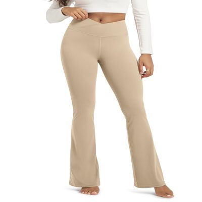 ODODOS Women's Crossover Flared Yoga Pants Cloud Feeling Soft High Waist Bootcut Leggings with Back Pocket - 32" Inseam, Beige, XX-Large