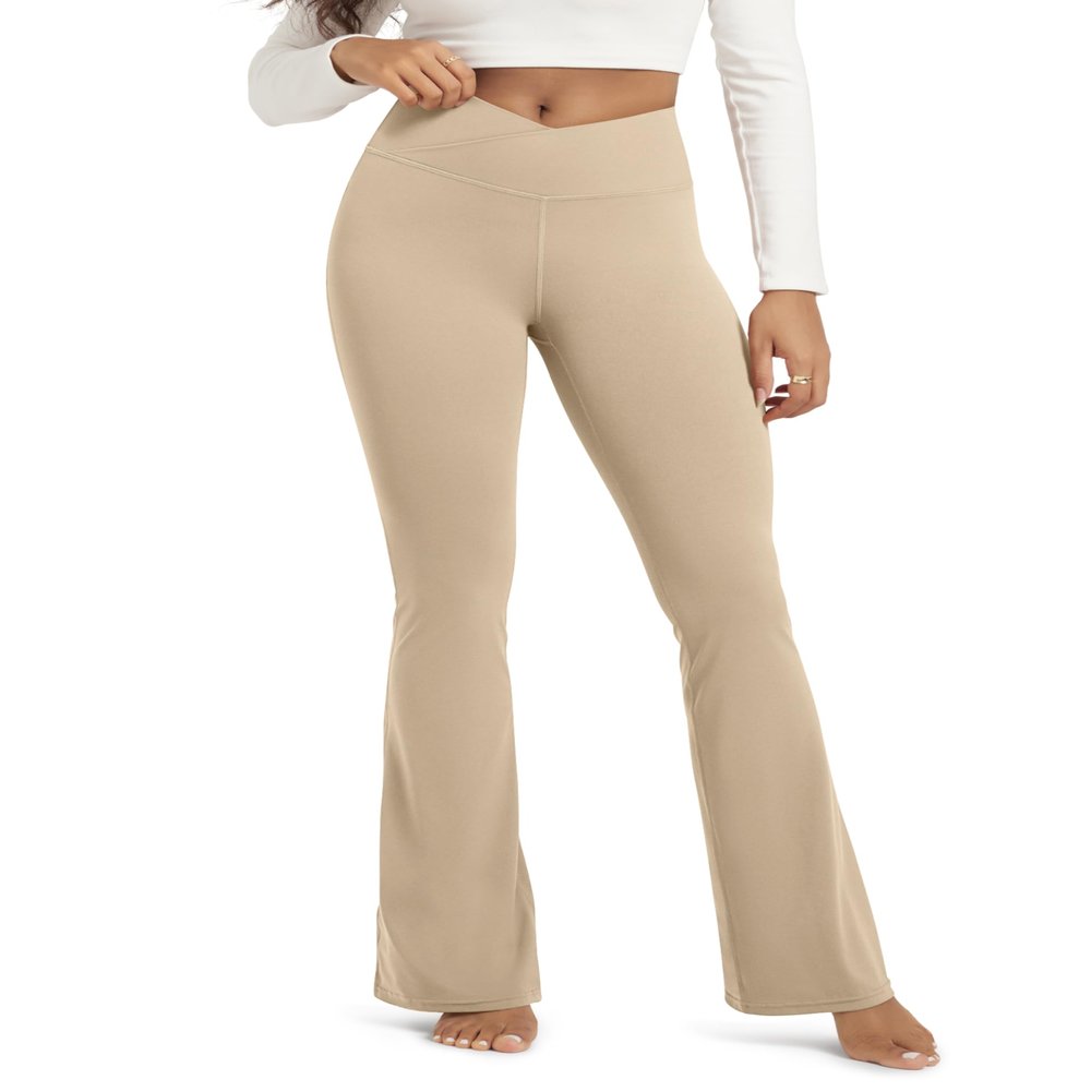 ODODOS Women's Crossover Flared Yoga Pants Cloud Feeling Soft High Waist Bootcut Leggings with Back Pocket - 32" Inseam, Beige, XX-Large