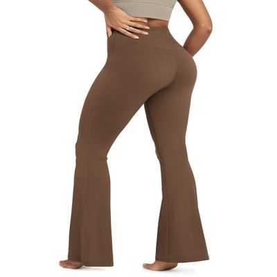 ODODOS Women's Crossover Flared Yoga Pants Cloud Feeling Soft High Waist Bootcut Leggings with Back Pocket - 32" Inseam, Brunette, Medium