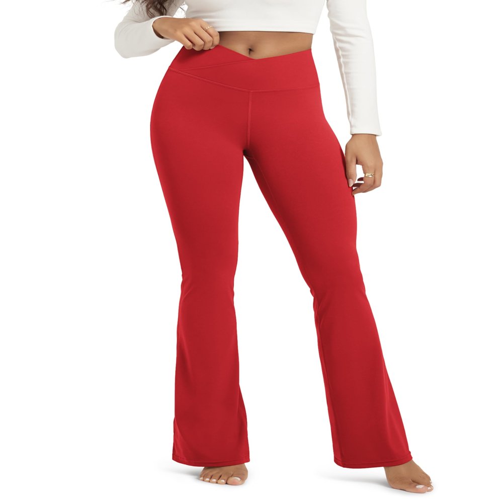 ODODOS Women's Crossover Flared Yoga Pants Cloud Feeling Soft High Waist Bootcut Leggings with Back Pocket - 30" Inseam, Red, Large