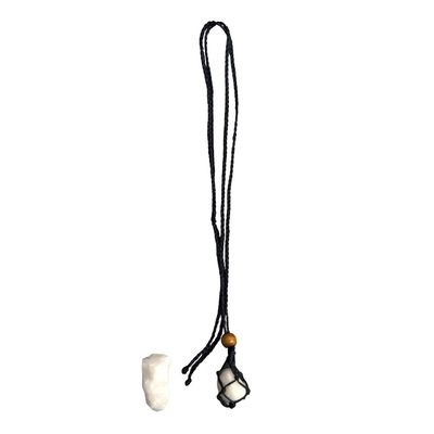 VIE Dark Blue Macrame Necklace, White Agate Tumbled, with White Agate Rough Cut