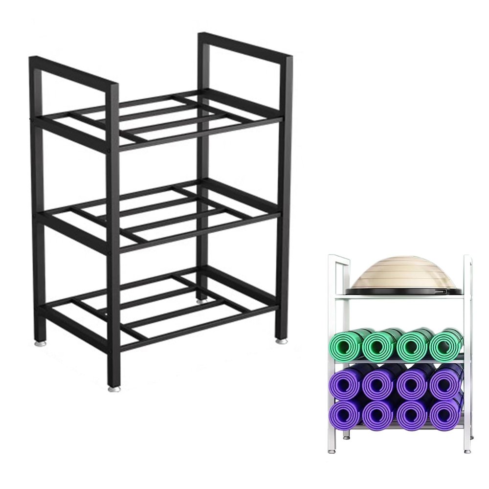 ZAQYCM Black Yoga Mat Holder System Workout Equipment Organizer, Fitness Exercise Half Balance Trainer Commercial Storage Rack, 3 5 7 Shelf Sports Equipment Display Stand (Size : 3-Tier)