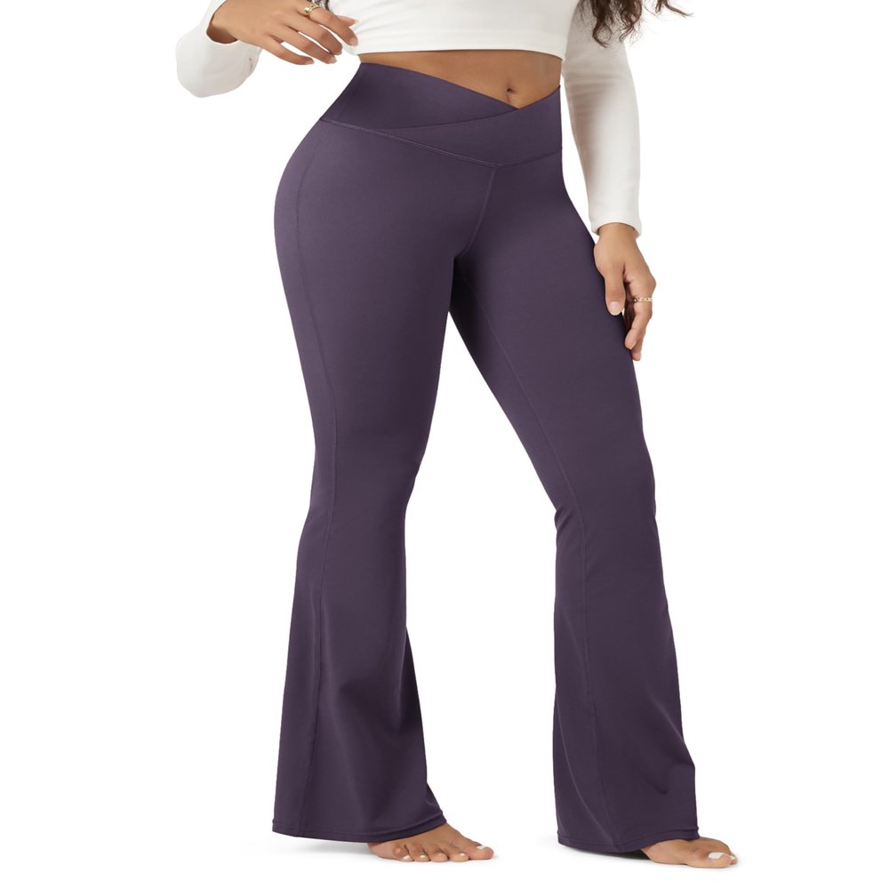 ODODOS Women's Crossover Flared Yoga Pants Cloud Feeling Soft High Waist Bootcut Leggings with Back Pocket - 32" Inseam, Dark Purple, Medium