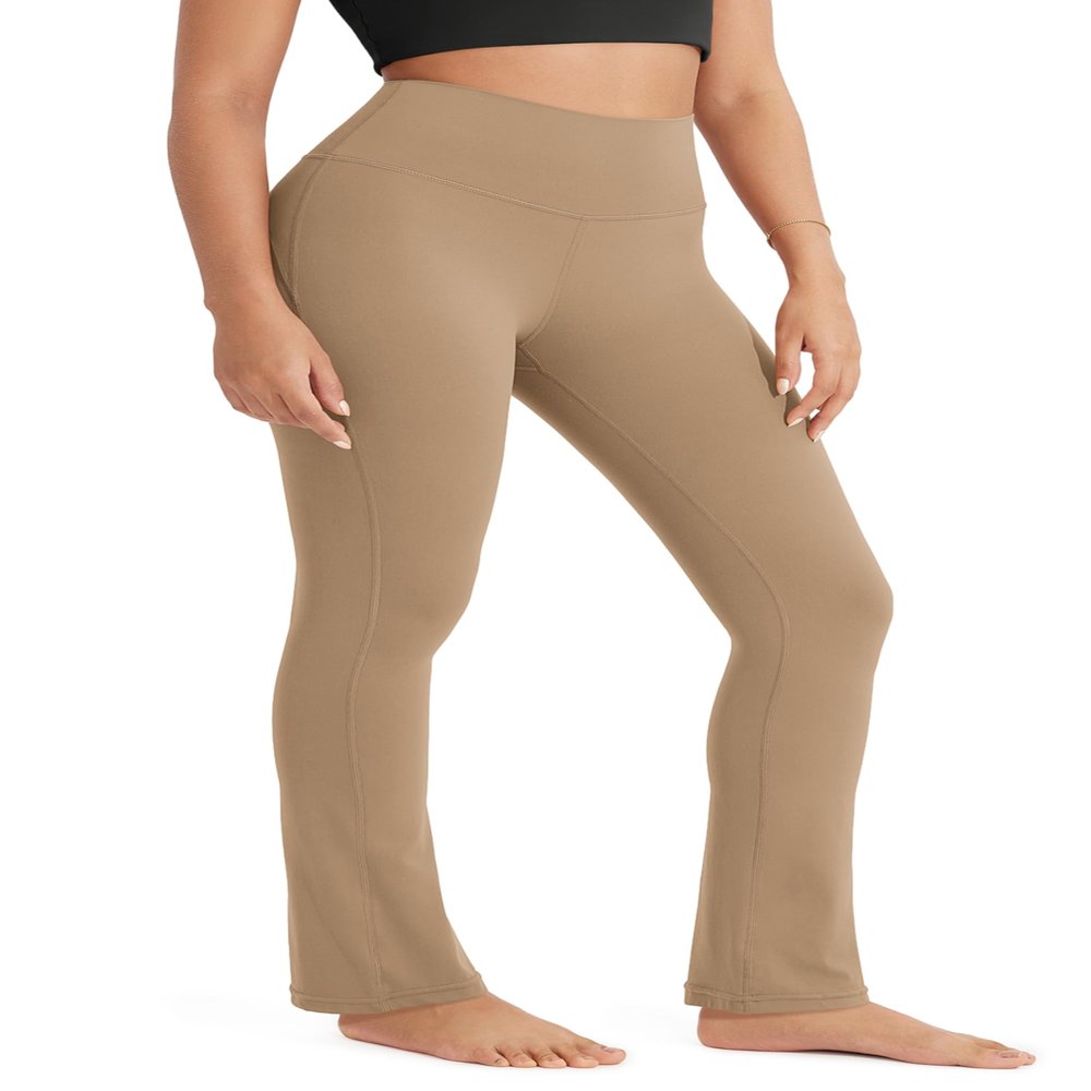 ODODOS Cloud Feeling Straight Leg Pants with Back Pocket for Women, High Waist Casual Lounge Yoga Pants, 28" Inseam, Light Brown, Small