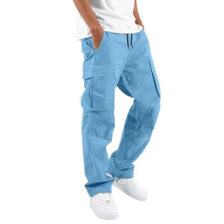 Brown Pants, Men's Overalls Drawstring Multi Pocket Casual Pants Hiking Cotton Twill Pants Cargo Jeans for Men Casual Pants Baggy Golf Pants Stretch Relaxed Pants Jeans Work (L, Blue)