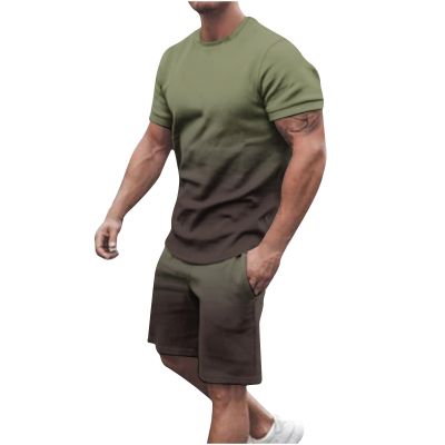 amazon outlet sales clearance today Mens Short Sets 2 Piece Outfits Workout Jogger Tracksuits Set Short Sleeve Gradient Color Shirt Casual Shorts Set two piece outfit Army Green 5X