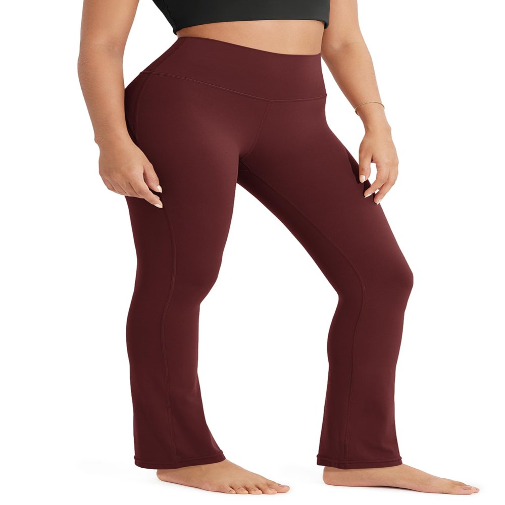 ODODOS Cloud Feeling Straight Leg Pants with Back Pocket for Women, High Waist Casual Lounge Yoga Pants, 28" Inseam, Burgundy, Medium