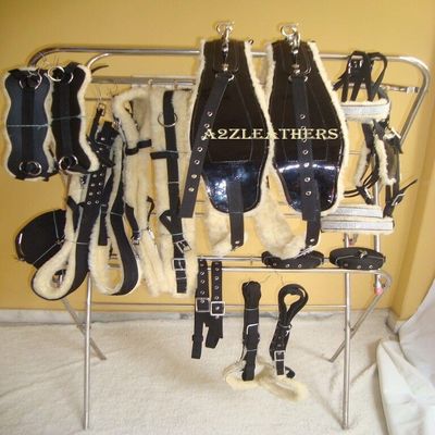 Driving Harness for a Double Horse Cart in Black Patent Nylon with Fur Padding and Shiny Rhinestone Decorations on Browband and Noseband (Full)