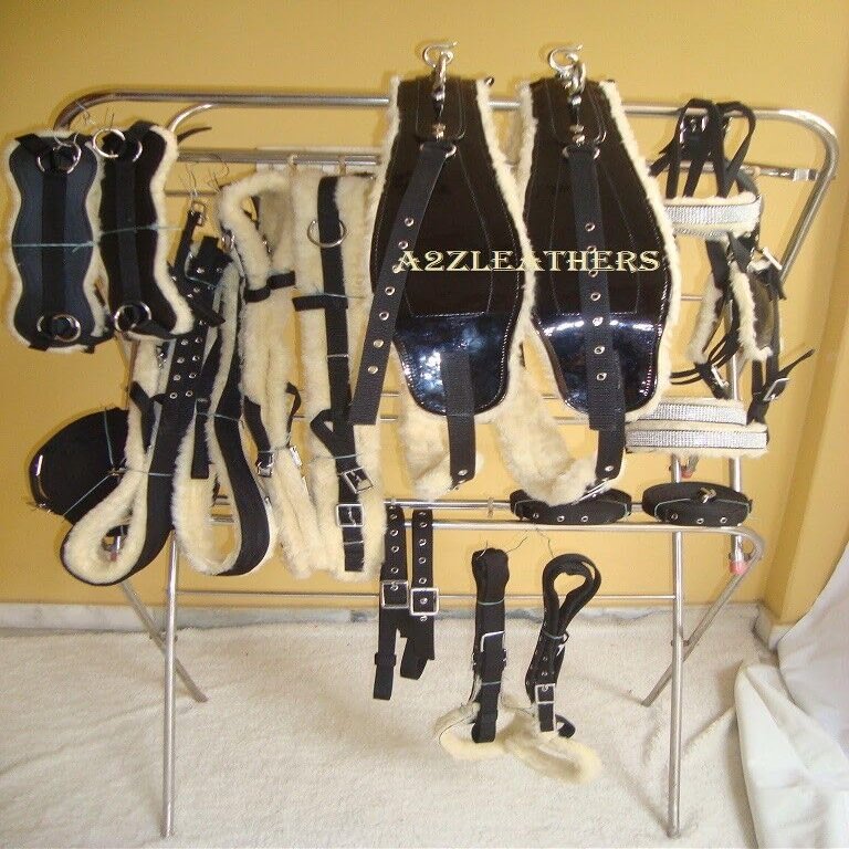 Driving Harness for a Double Horse Cart in Black Patent Nylon with Fur Padding and Shiny Rhinestone Decorations on Browband and Noseband (Full)