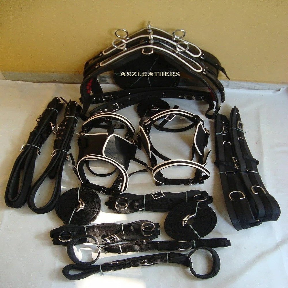 Double Horsecart | Black Nylon Double Horse Cart Driving Harness | Patent Nylon Harness with White Piping (Cob)