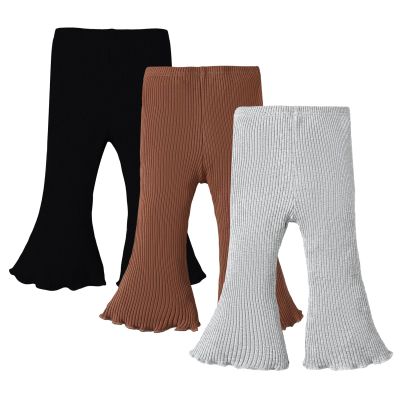 SOBOWO Toddler Baby Girl Flare Pants 3 Pack Solid Ribbed Ruffle Bell Bottoms Pants Fall Outfits(Black/Caramel/Gray, 9-12 Months)