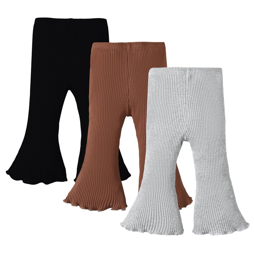 SOBOWO Toddler Baby Girl Flare Pants 3 Pack Solid Ribbed Ruffle Bell Bottoms Pants Fall Outfits(Black/Caramel/Gray, 9-12 Months)