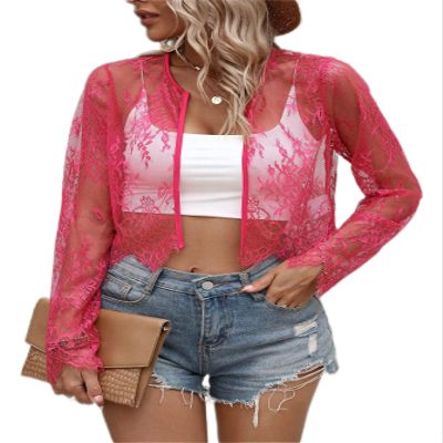 BONDIJ women's jacket Open Front Sheer Lace Jacket jacket for women (Color : Hot Pink, Size : Small)
