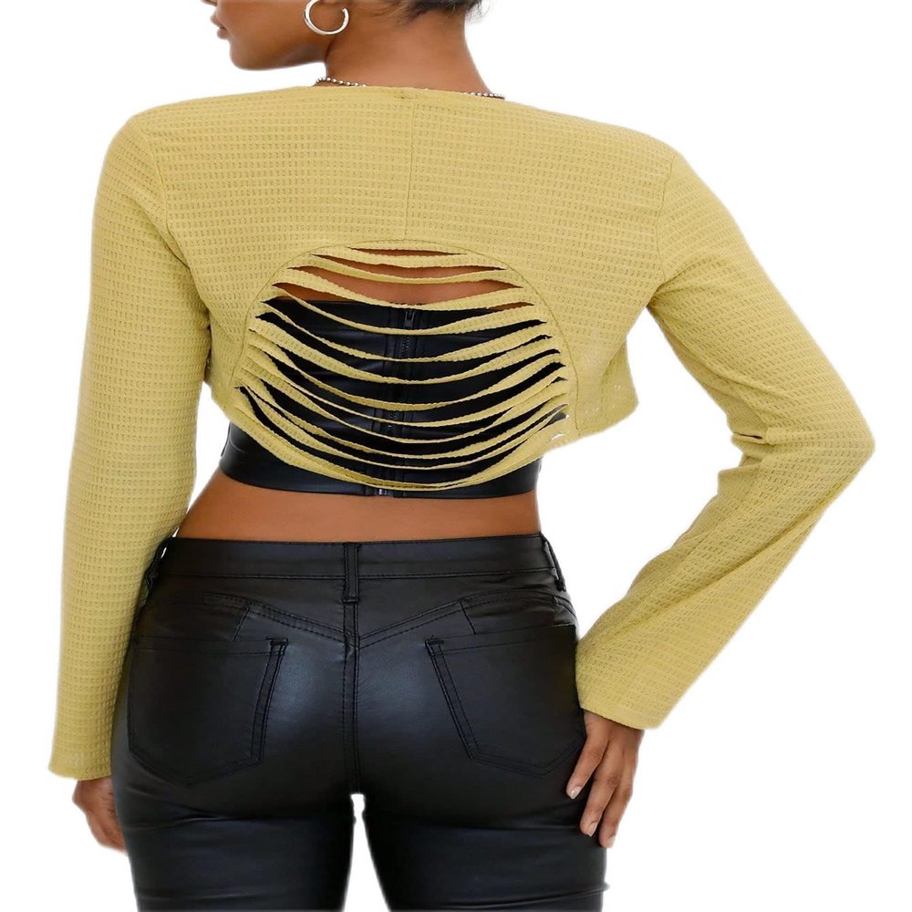 women's jacket Solid Ripped Crop Bolero jacket for women (Color : Yellow, Size : X-Small)