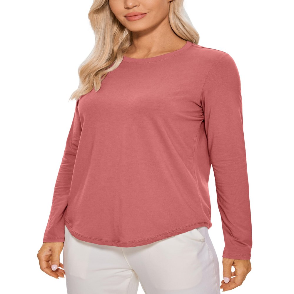 CRZ YOGA Pima Cotton Crewneck Long Sleeve Shirts for Women - Workout Athletic Yoga Casual Tops Soft Plain T-Shirt Briar Rose XX-Small