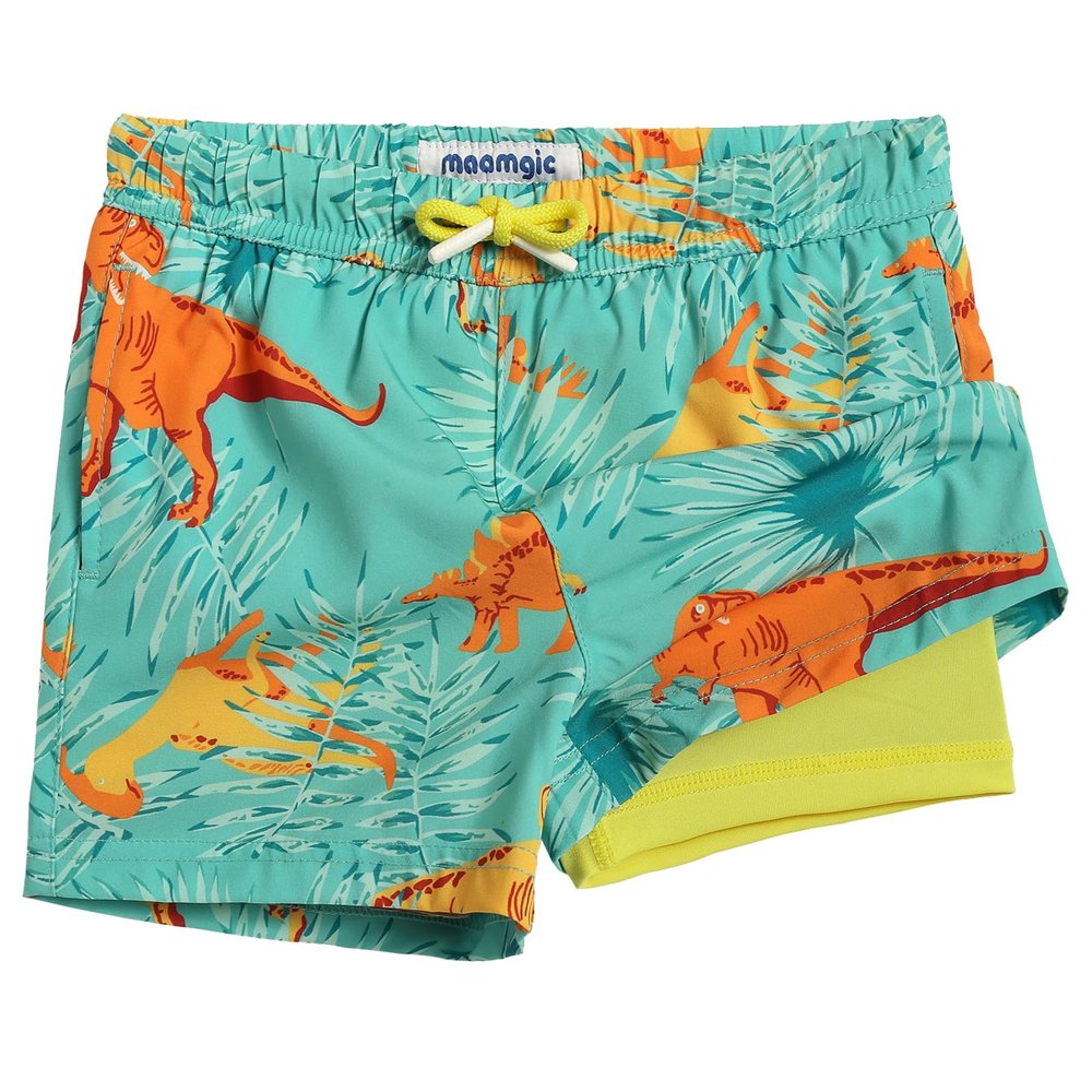 maamgic Boys Swim Trunks with Compression Liner Toddler Stretch Swim Shorts Quick Dry Swimming Trunks Boxer Brief 2 in 1 Beach Shorts Green Dinosaur 14/16