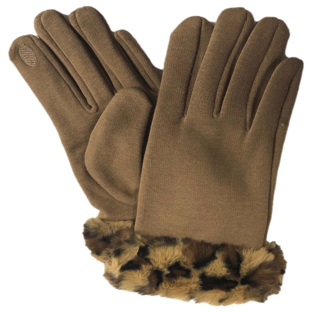 Original USA Womens Brown Leopard Print Faux Fur Stretch Fit Texting & Tech Touchscreen Gloves