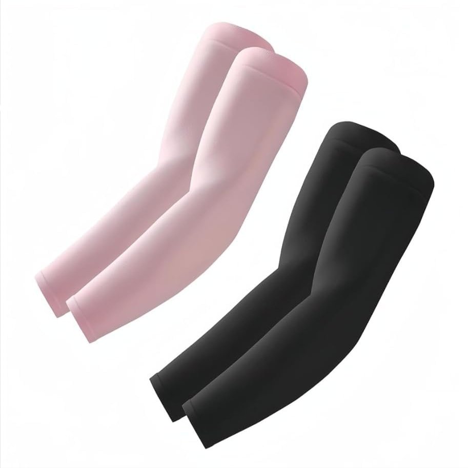 ROXUN 2 Pairs Arm Sleeves, Cooling UV Sun Protection Sports Compression for Men/Women Black+Pink