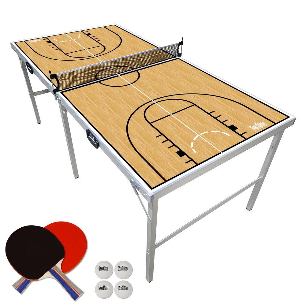 PartyLife Basketball 6 ft x 3 ft Ping Pong Table Tennis Table w/Game Kit | Mid-Size Portable Folding Indoor Outdoor Ping Pong Table Tennis Table | Kids & Adults | Game Room | Not Full Size