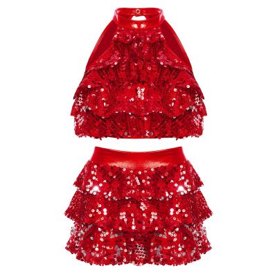 Xnihocha Kids Girls Jazz Latin Dance Outfits 2 Piece Sequin Crop Top with Skirt Christmas Performance Costume Dancewear Red 9-10 Years
