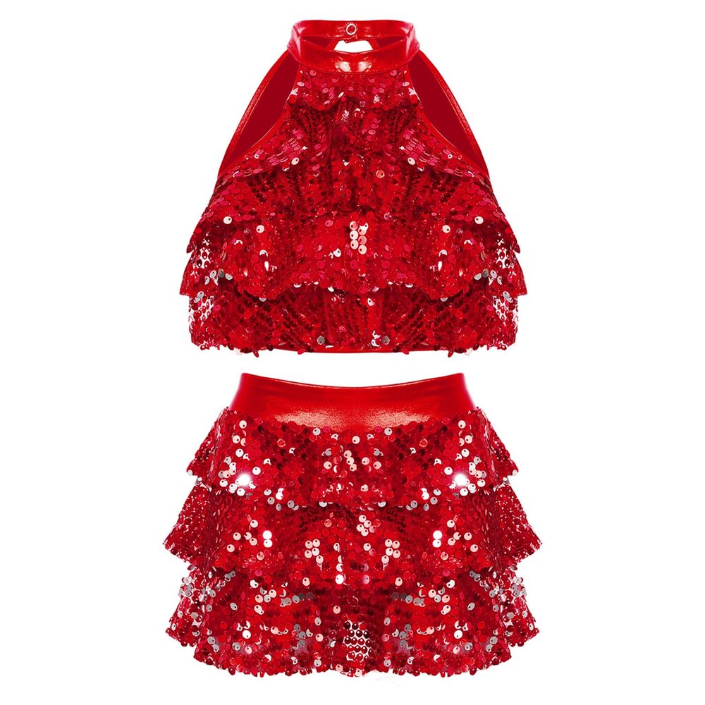 Xnihocha Kids Girls Jazz Latin Dance Outfits 2 Piece Sequin Crop Top with Skirt Christmas Performance Costume Dancewear Red 9-10 Years