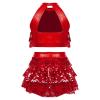 Xnihocha Kids Girls Jazz Latin Dance Outfits 2 Piece Sequin Crop Top with Skirt Christmas Performance Costume Dancewear Red 9-10 Years view 2