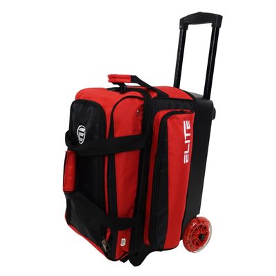 ELITE Deluxe 2 Ball Bowling Bag with 5" smooth wheels, Large Accessory pocket - Separate Compartment holds 1 pair of shoes up to US size 15 men - 36" extendable handle double roller (Red)