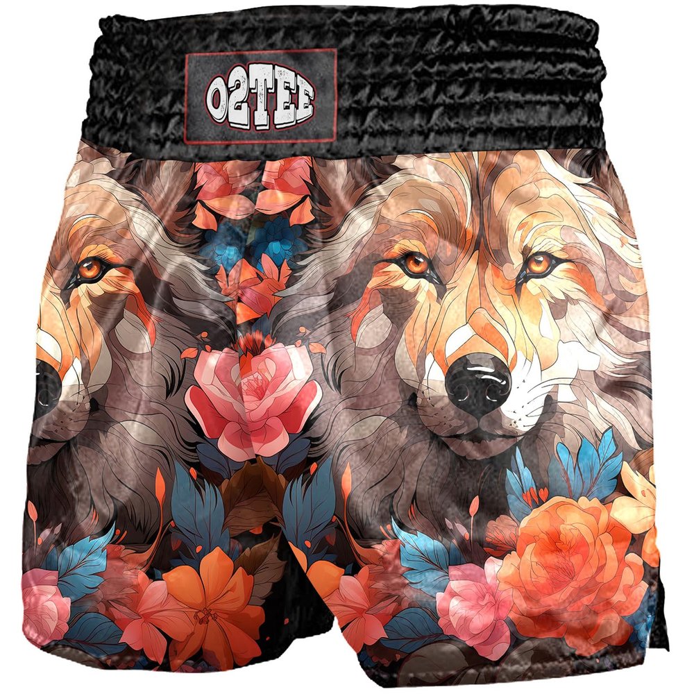 O2TEE Premium Lightweight MMA Sakura Shorts Traditional Styles Fight Wear,Wolf Flowers XXL